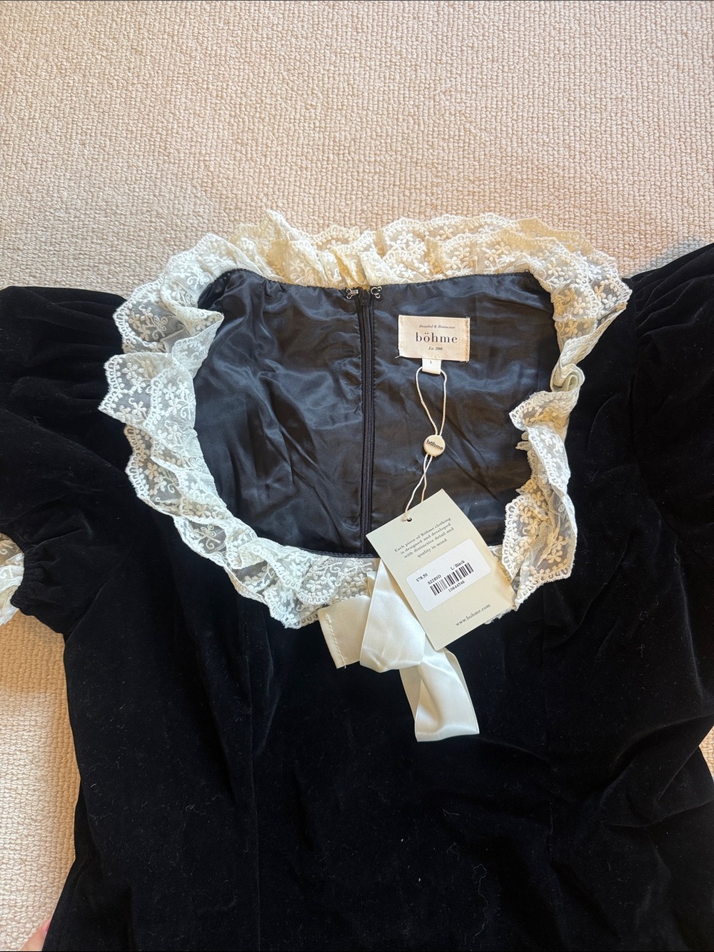 Boheme Black Velvet Mini Dress with Cream Lace Trim - Picture 2 of 4